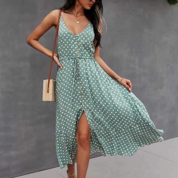 New Chic Flowy Polka Dot Button Front Cami Dress Midi Green White - Picture 2 of 9